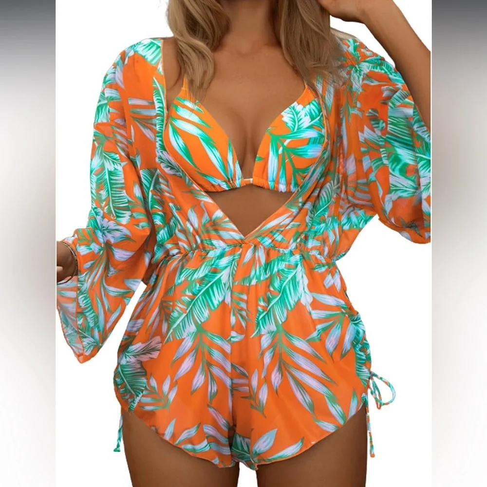 🚘Tropical Orange and Green Bikini 3 piece swim triangle halter top with rumper - Picture 2 of 13